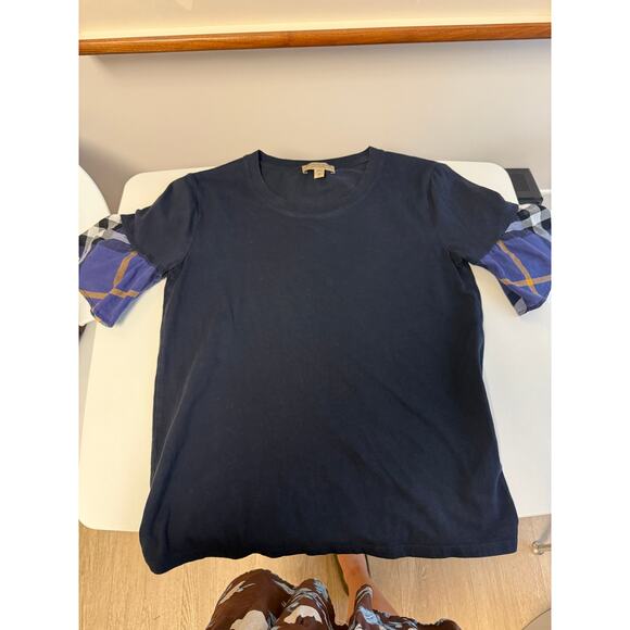 Burberry Brit Navy Cotton T-Shirt House Check Ruffle Sleeves Women's Size Small - Picture 4 of 4